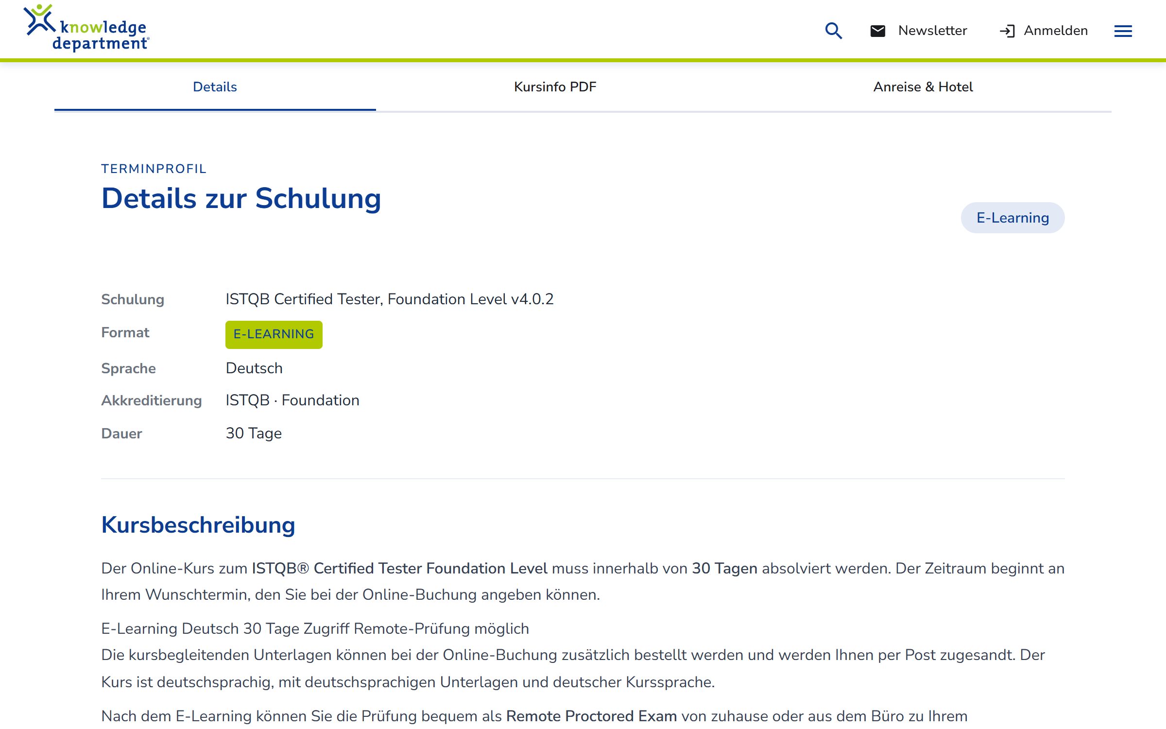 Eine Kursdetailseite mit Format, Sprache, Akkreditierung und Dauer.