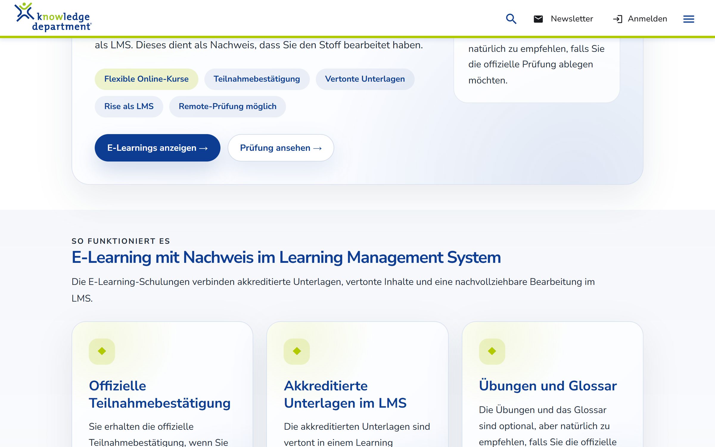 Die E-Learning-Seite erklärt das Lernmanagementsystem und was Teilnehmende erhalten.