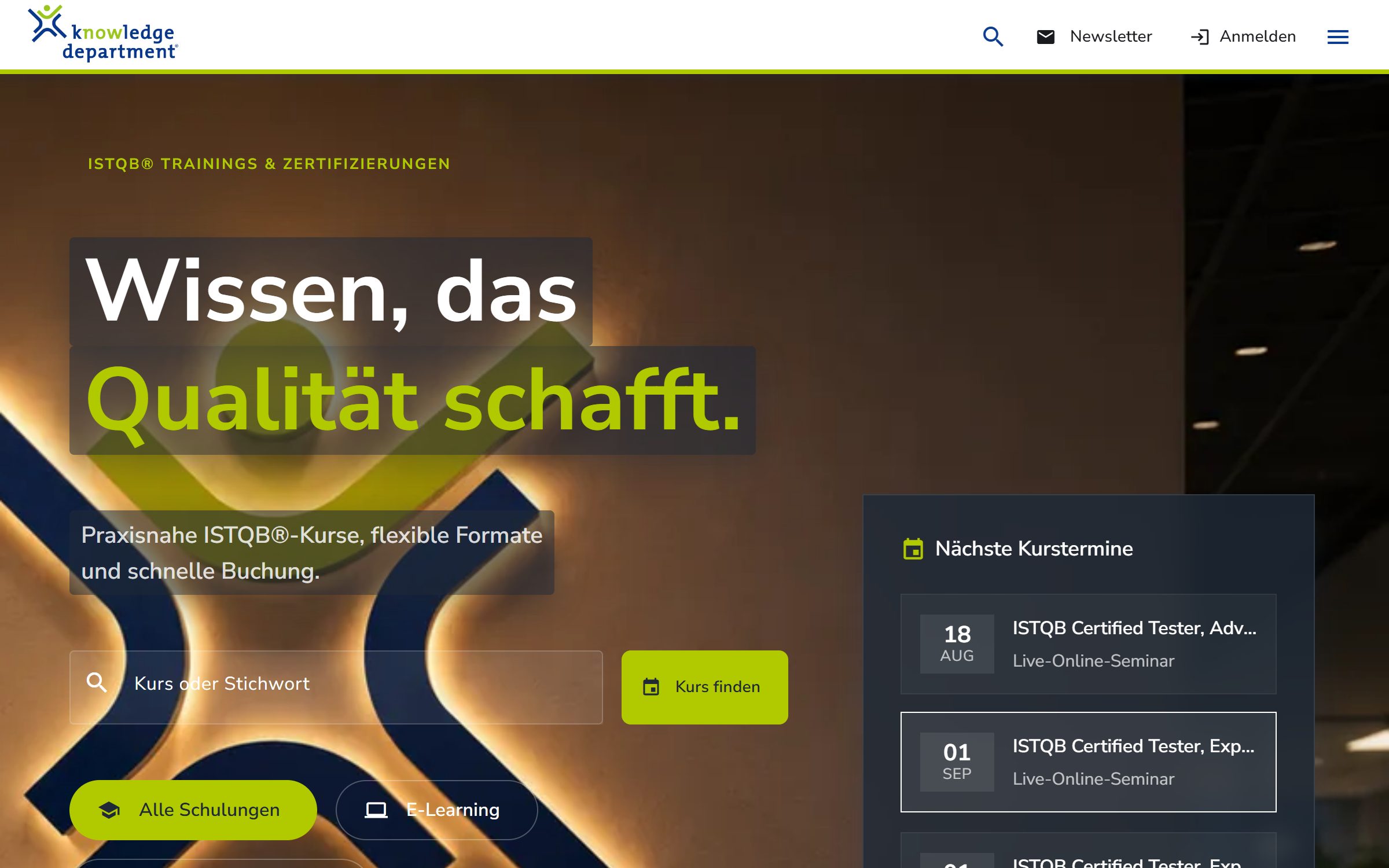 Die Startseite von Knowledge Department mit Kurssuche, nächsten Terminen und Markenbild.